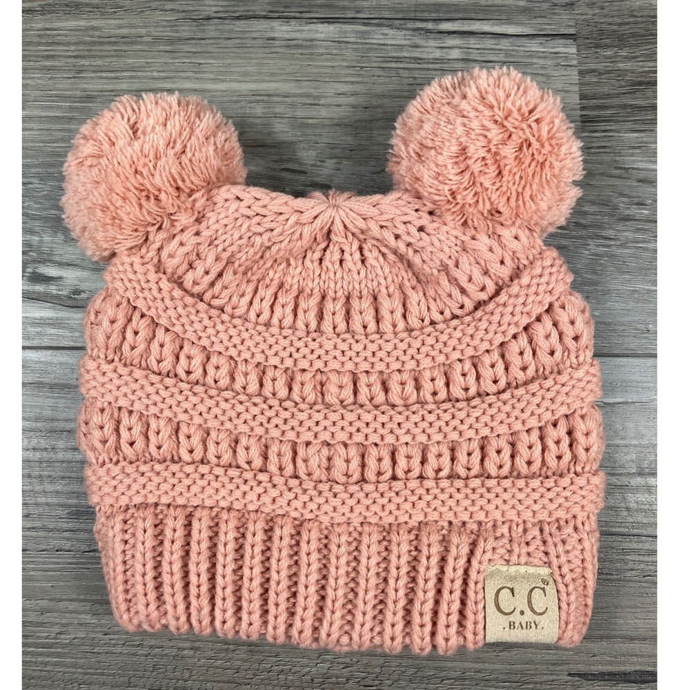 CC Baby Rose Pink Cable Knit Double Pom Beanie Hat Winter Warm Ribbed Cuff